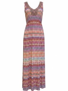 SONOMA LIFE + STYLE Colorful Southwestern Beaded Maxi Dress ORG BUR TAN SZ M
